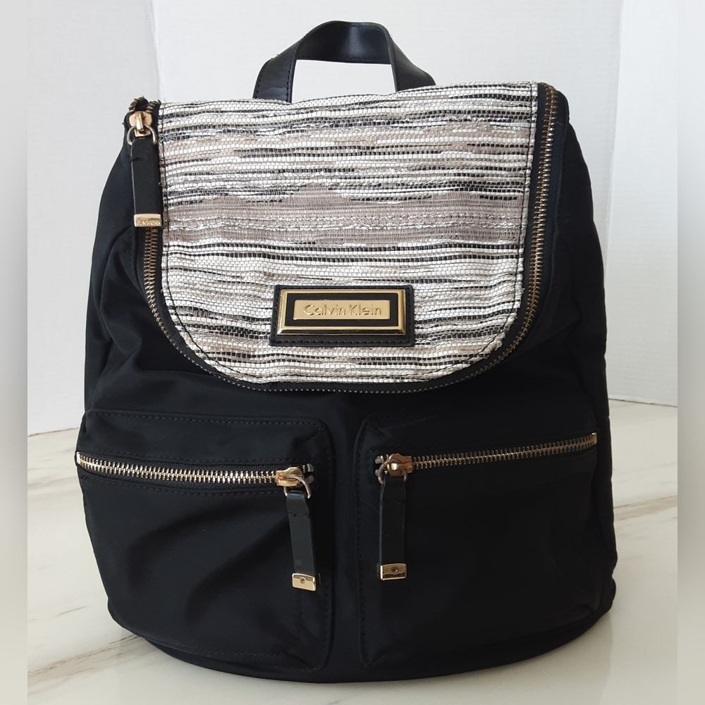 CALVIN KLEIN Gold-Silver Flap Accent Nylon Faux Leather Handbag Backpack